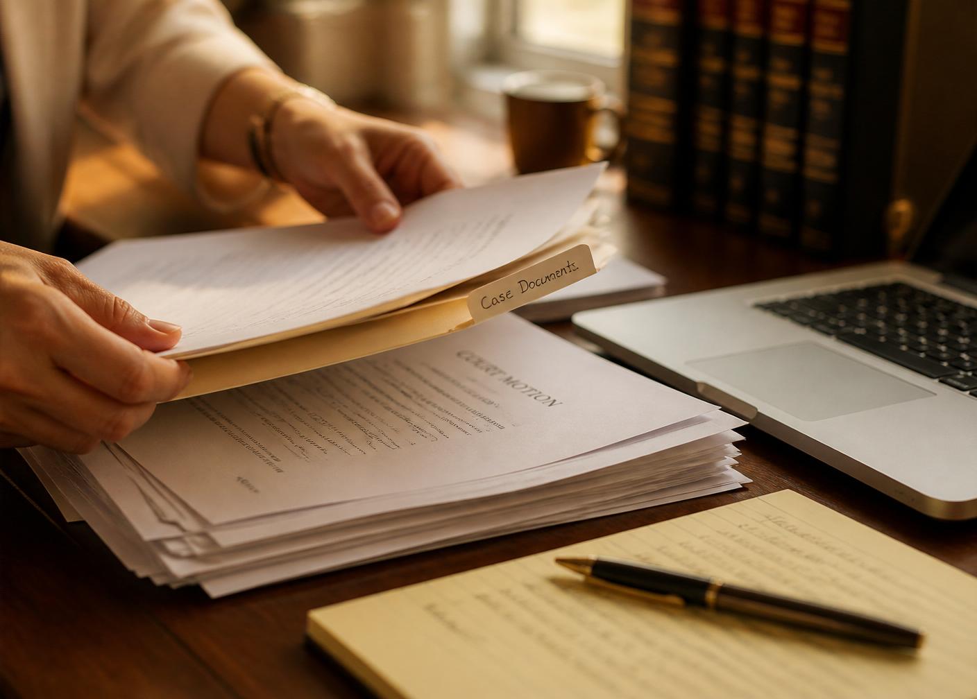 Case documents organized on a desk